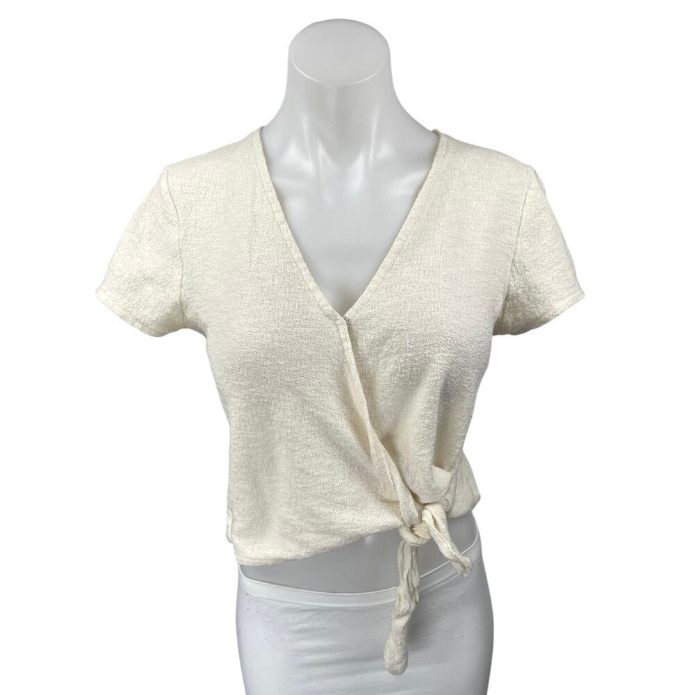 Madewell Texture & Thread Cream Short Sleeve Tie Wrap Crop Blouse Top Size S